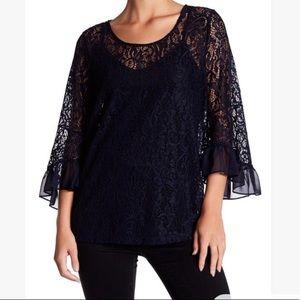 Anthropologie Pleione lace ruffled bell sleeve top